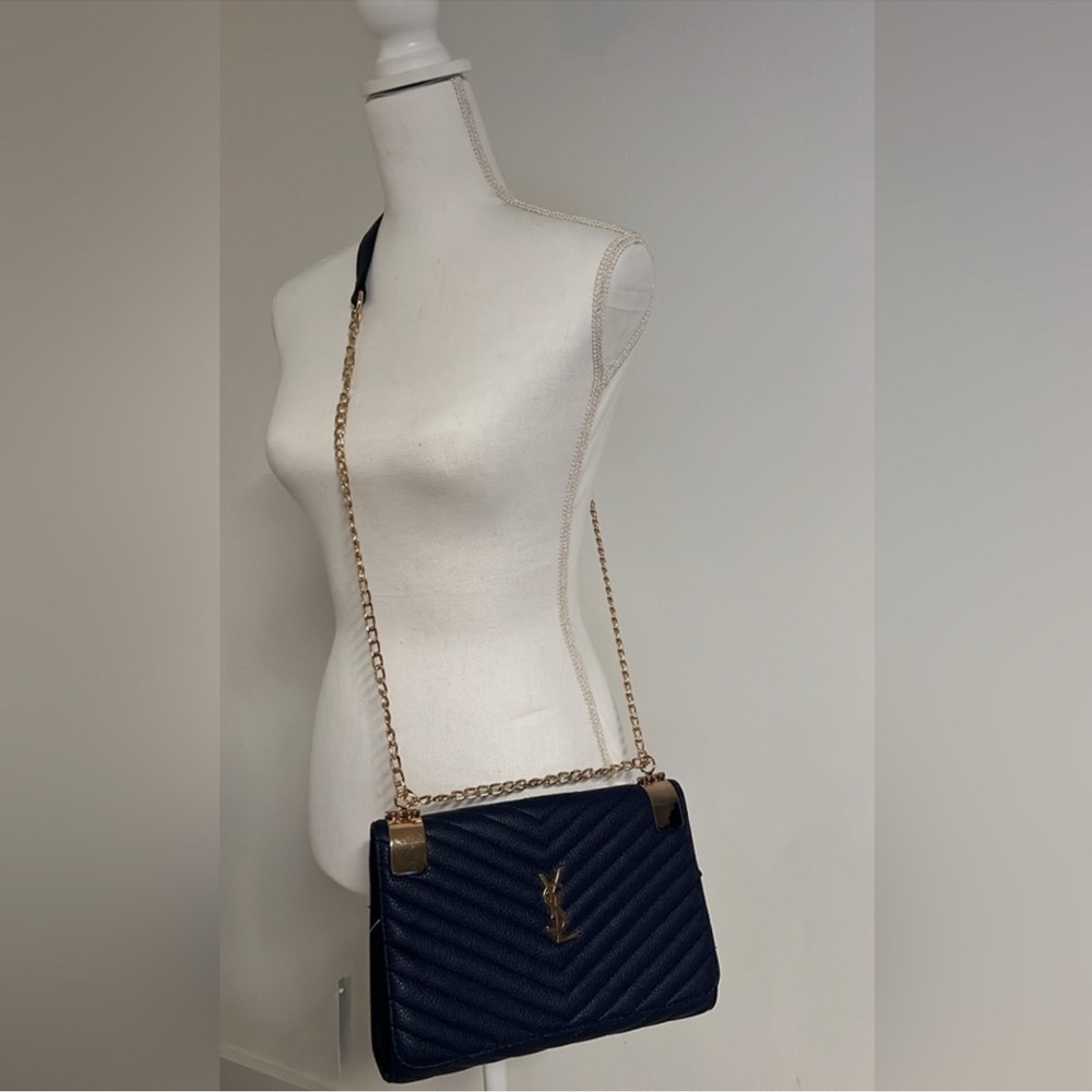Yves Saint Laurent Blue and Gold Chevron Crossbody Bag